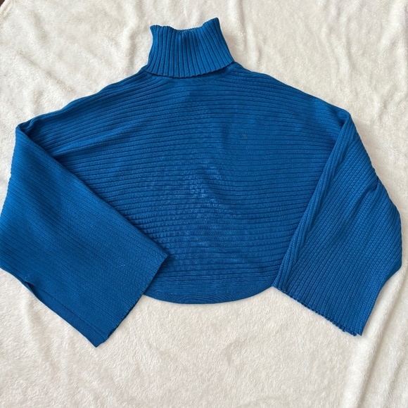 Pink Rose Blue Wide Sleeve Cropped Sweater - Picture 1 of 5